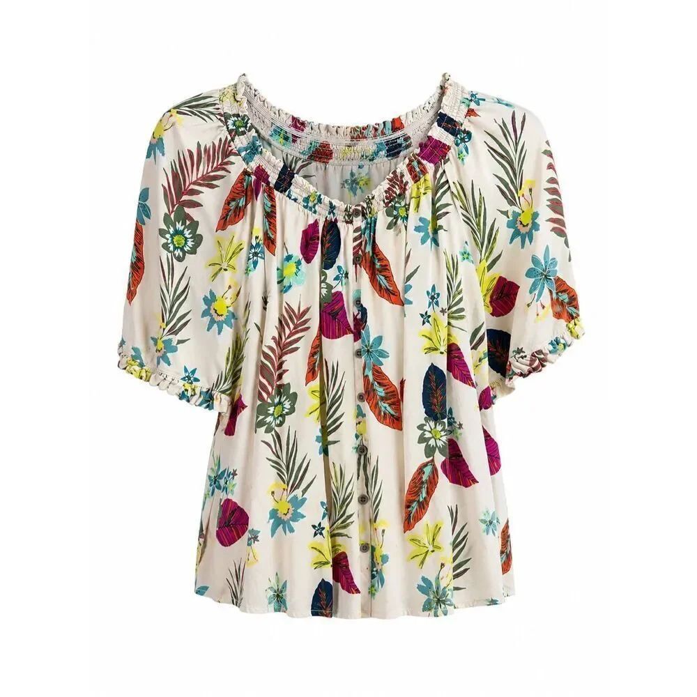 Terra & Sky 2X Rayon Floral Button Front Boho Peasant Blouse